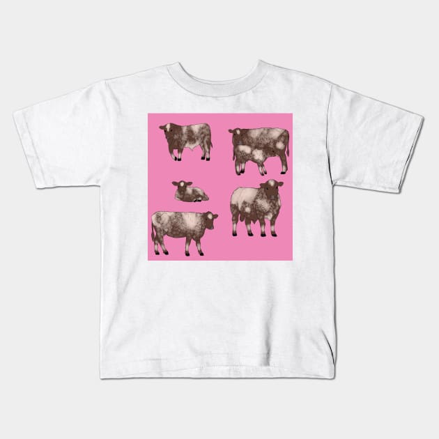 Shorthorn Cattle Pattern Pink Kids T-Shirt by TrapperWeasel